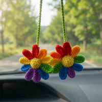 Colorful Crochet Rainbow Flower Car Charm | Handmade Amigurumi Rearview Mirror Accessory