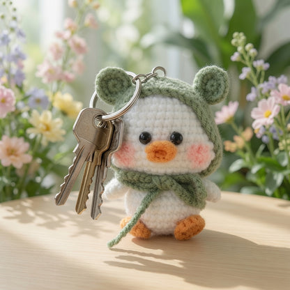 Cute Crochet Duck in Green Frog Hood Keychain | Handmade Amigurumi Bag Charm