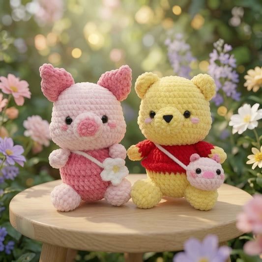 Fluffy Honey Bear and Pink Piglet Crochet Plush Set | Velvet Amigurumi Bestie Toys
