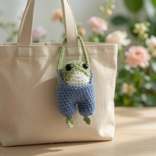 Cute Crochet Frog in Overalls Bag Charm | Handmade Amigurumi Keychain