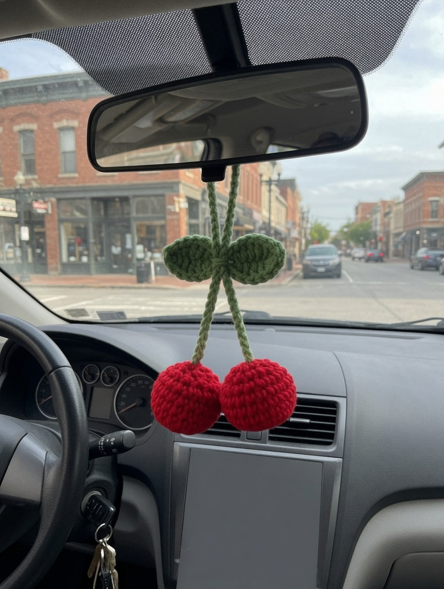 Cute Crochet Cherry Car Charm | Handmade Amigurumi Rearview Mirror Accessory