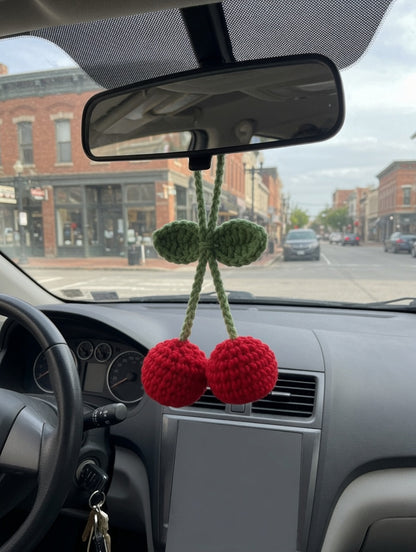 Cute Crochet Cherry Car Charm | Handmade Amigurumi Rearview Mirror Accessory