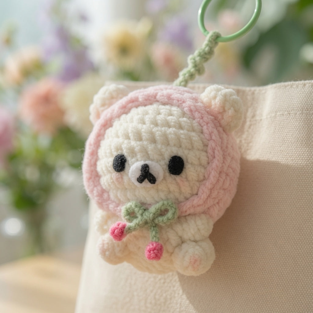 Kawaii Cherry Twin Bears Crochet Bag Charm | Plush Amigurumi Matching Keychain