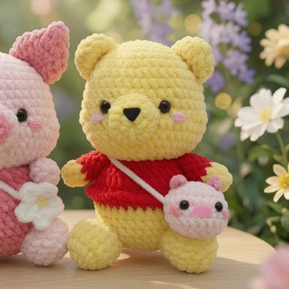 Fluffy Honey Bear and Pink Piglet Crochet Plush Set | Velvet Amigurumi Bestie Toys