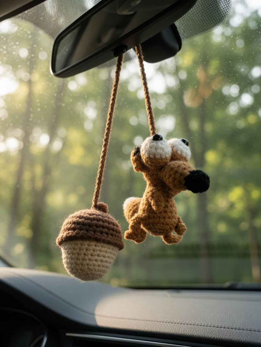 Hilarious Prehistoric Squirrel Amigurumi Car Hanger | Handmade Auto Decor Gift