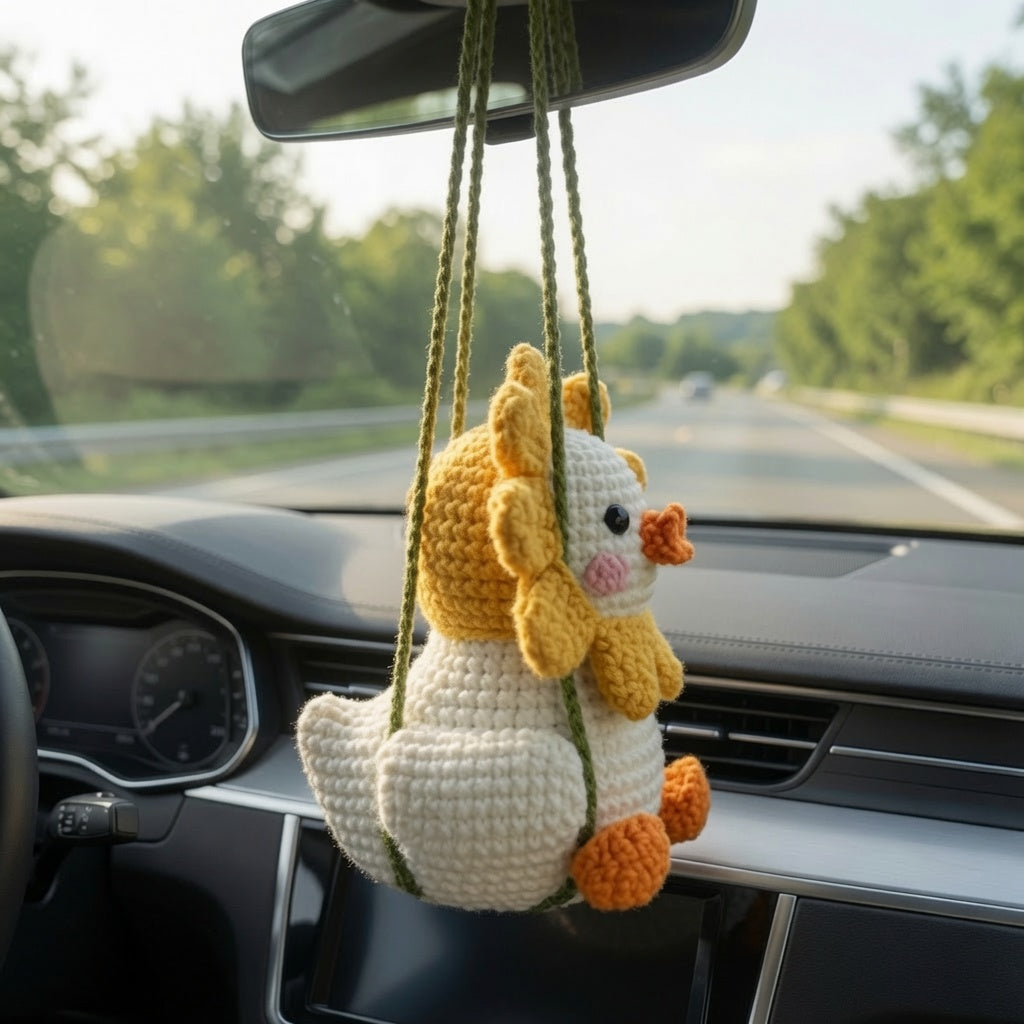 Cute Crochet Sunflower Duck Car Charm | Handmade Amigurumi Rearview Mirror Accessory