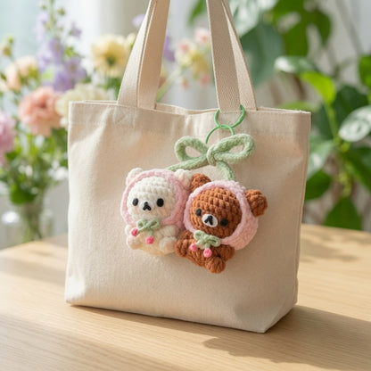Kawaii Cherry Twin Bears Crochet Bag Charm | Plush Amigurumi Matching Keychain