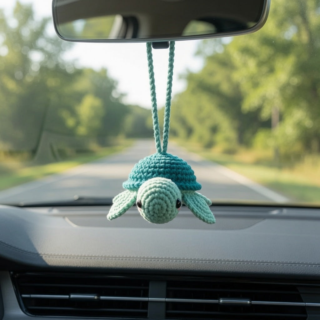 Cute Crochet Sea Turtle Car Charm | Handmade Amigurumi Rearview Mirror Accessory