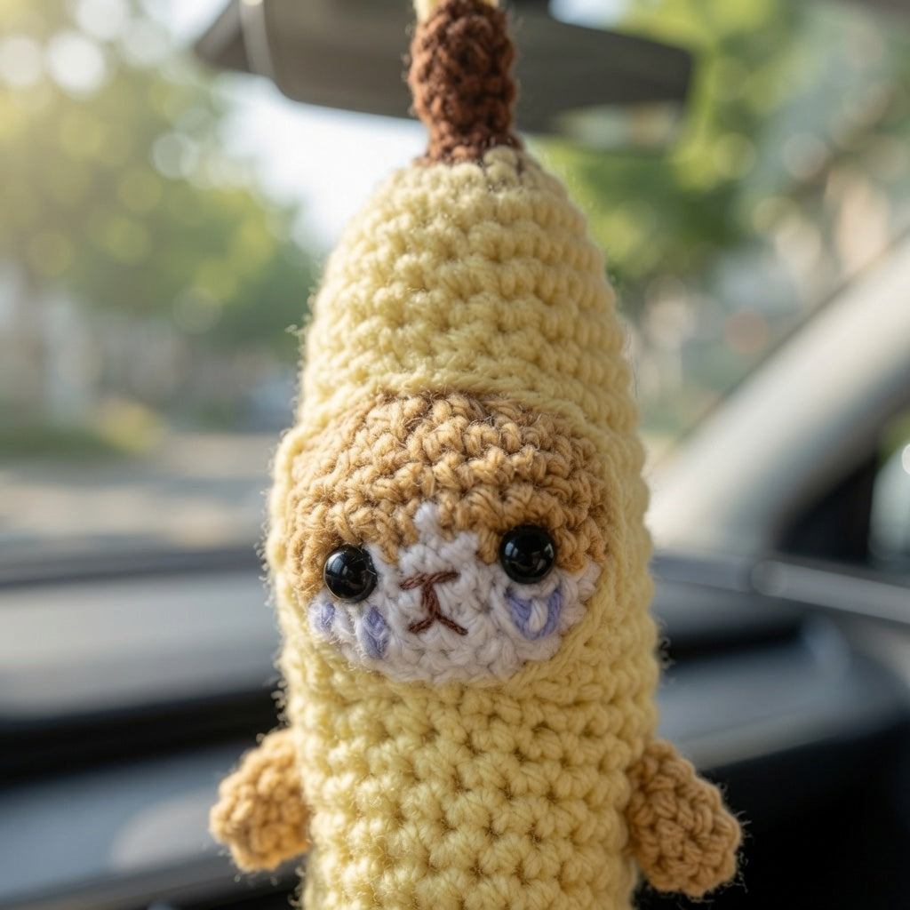 Funny Crying Banana Cat Crochet Car Charm | Viral Meme Rearview Mirror Accessory