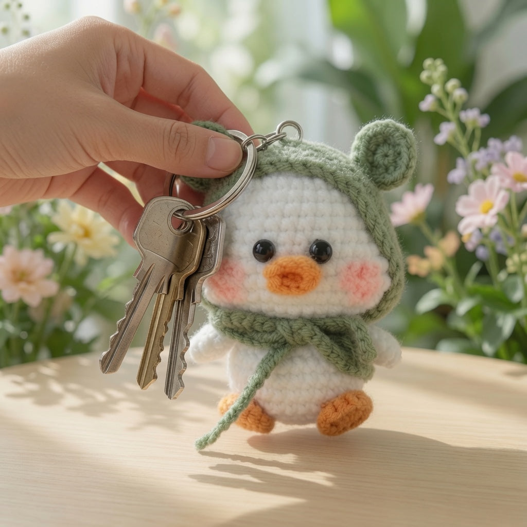 Cute Crochet Duck in Green Frog Hood Keychain | Handmade Amigurumi Bag Charm