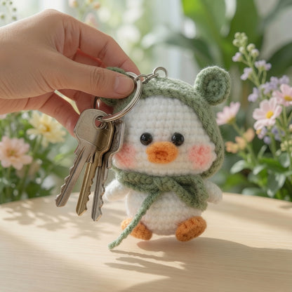 Cute Crochet Duck in Green Frog Hood Keychain | Handmade Amigurumi Bag Charm