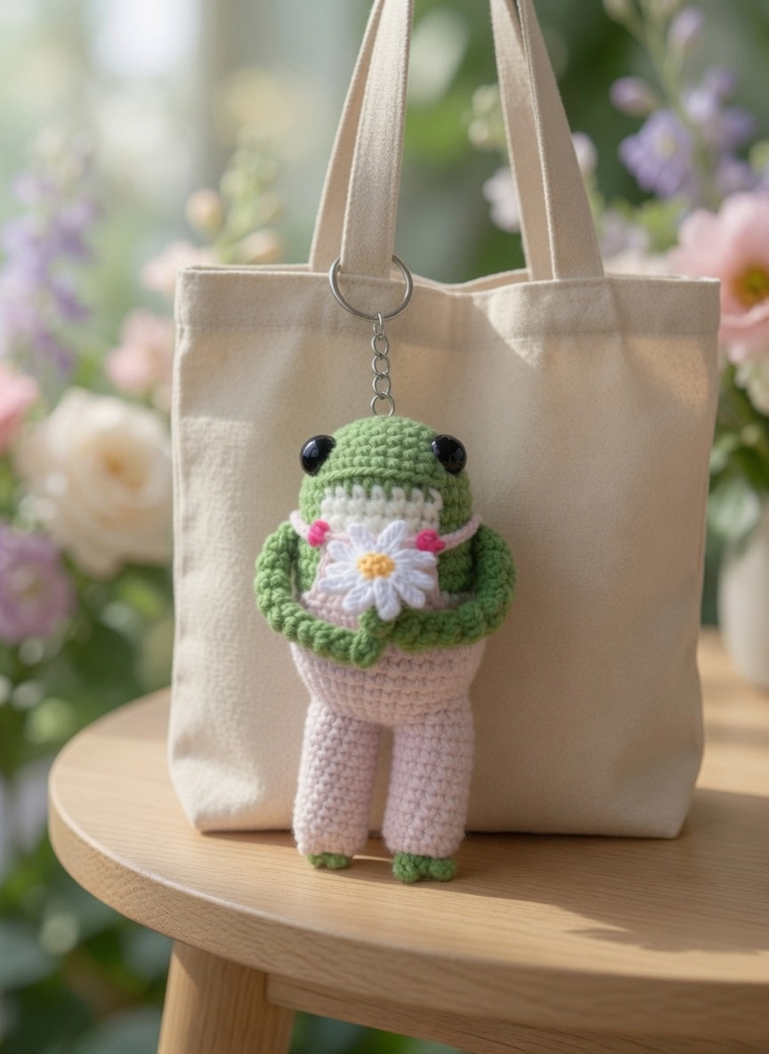 Cute Crochet Frog Holding Daisy Keychain | Pastel Amigurumi Bag Charm