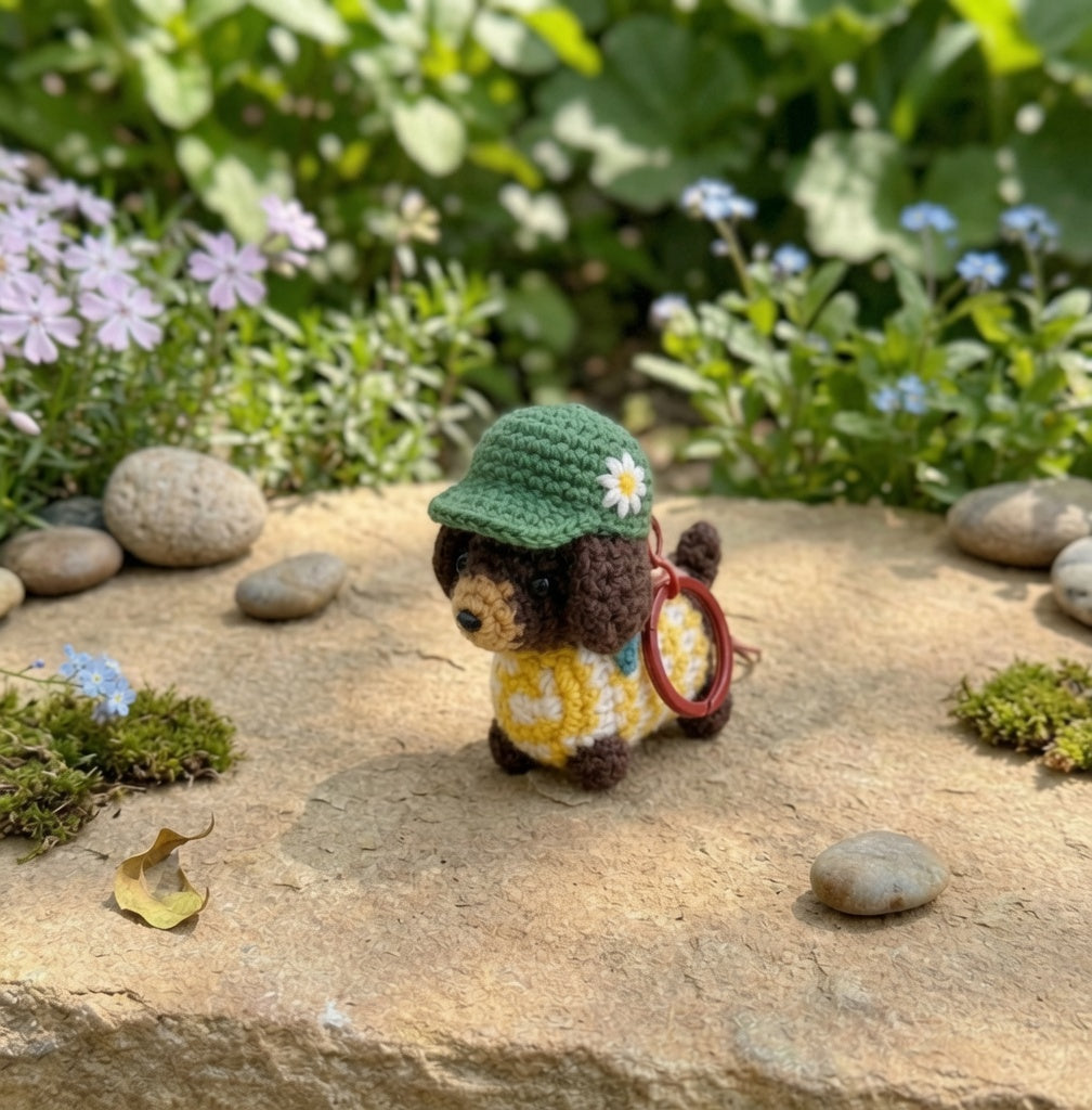 Crochet Dachshund Dog Keychain — Handmade Puppy Bag Charm with Hat & Sweater