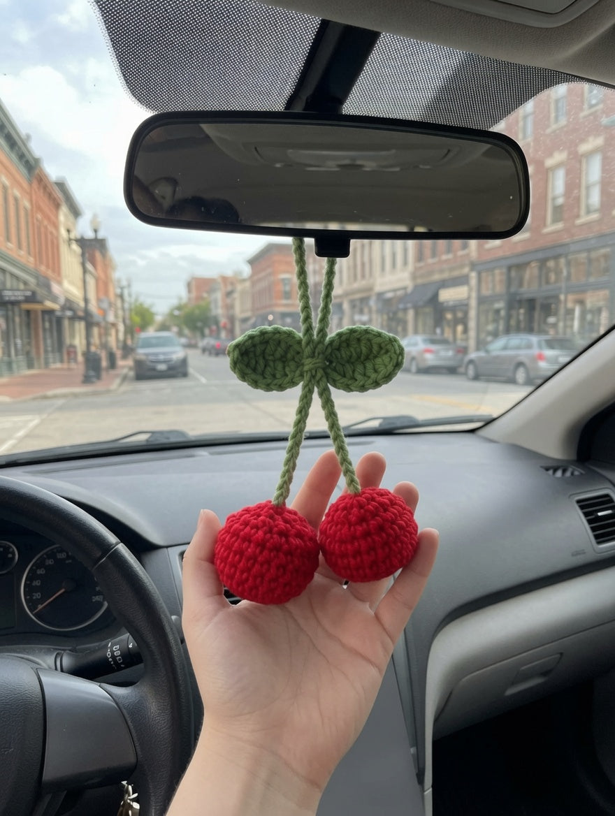 Cute Crochet Cherry Car Charm | Handmade Amigurumi Rearview Mirror Accessory