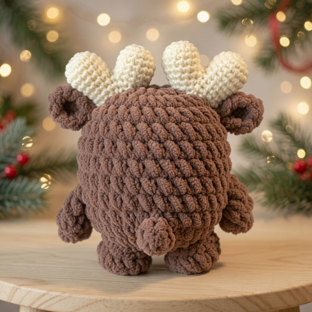 Fluffy Red-Nose Reindeer Crochet Plushie | Velvet Amigurumi Christmas Toy