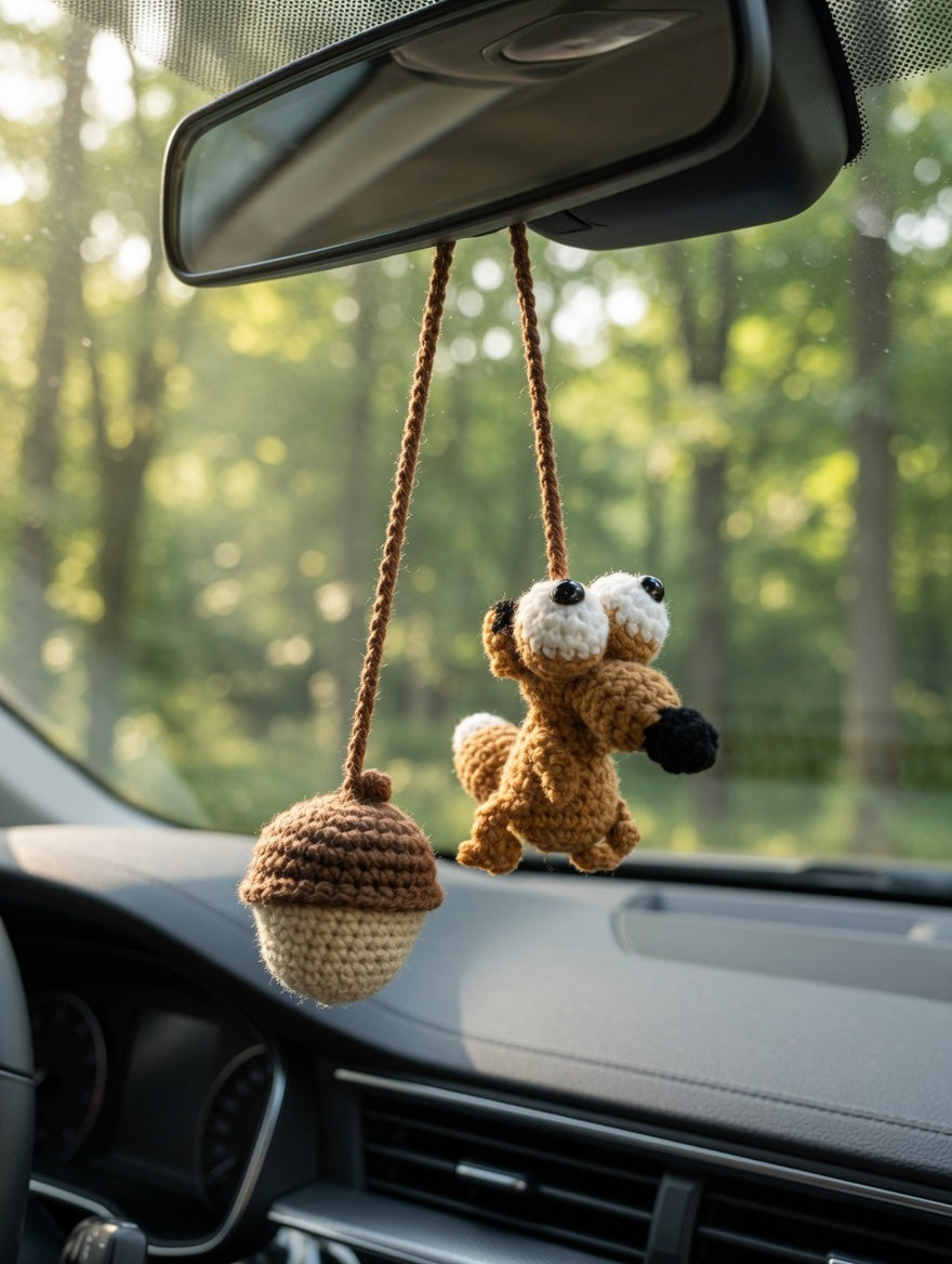 Hilarious Prehistoric Squirrel Amigurumi Car Hanger | Handmade Auto Decor Gift