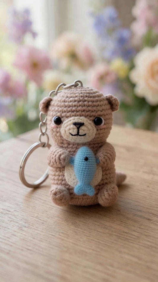 Cute Crochet Otter with Fish Keychain | Handmade Amigurumi Animal Bag Charm