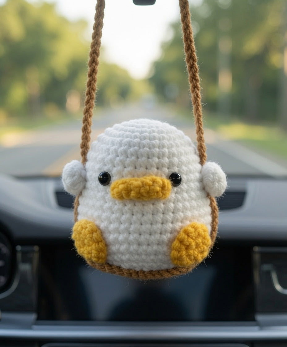 Cute Crochet Duck on a Swing Car Charm | Handmade Amigurumi Rearview Mirror Accessory