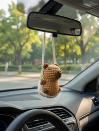 Chill Capybara on a Swing Car Charm | Cute Crochet Rearview Mirror Accessory