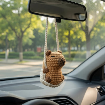 Chill Capybara on a Swing Car Charm | Cute Crochet Rearview Mirror Accessory