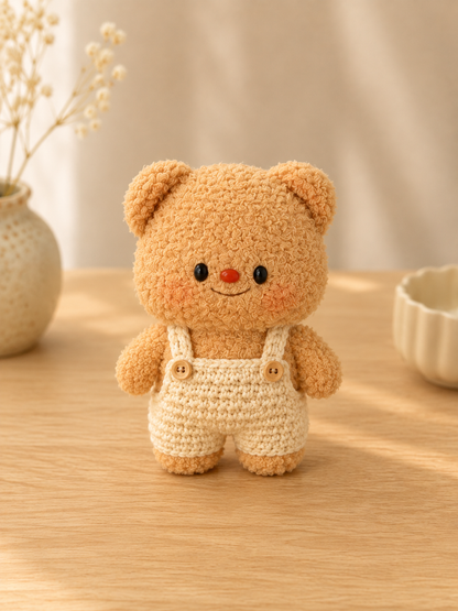 Handmade Crochet Teddy Bear in Overalls Plushie | Soft Velvet Amigurumi Stuffed Animal Toy