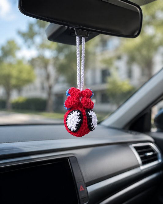 Cute Hero Web-Slinger Crochet Car Charm | Handmade Amigurumi Rearview Mirror Accessory