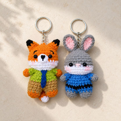Cute Crochet Fox and Bunny Keychain Set | Handmade Amigurumi Detective Duo Bag Charm