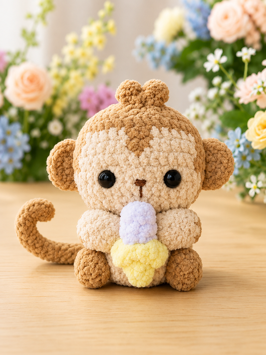Fluffy Crochet Monkey with Ice Cream Plushie | Velvet Amigurumi Stuffed Animal