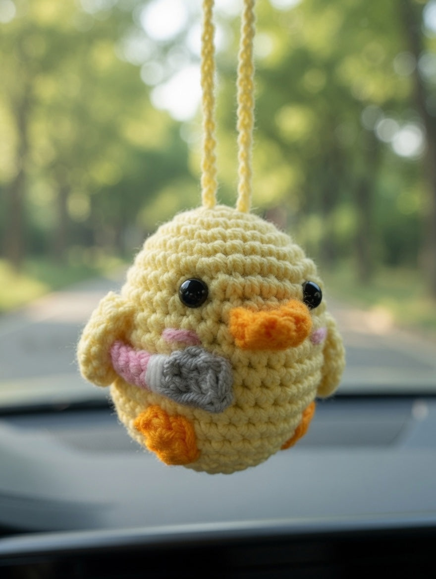 Funny Crochet Duck with Knife Car Charm | Handmade Amigurumi Rearview Mirror Accessory