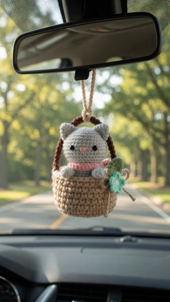 Cute Crochet Cat in Basket Car Charm | Handmade Amigurumi Rearview Mirror Accessory