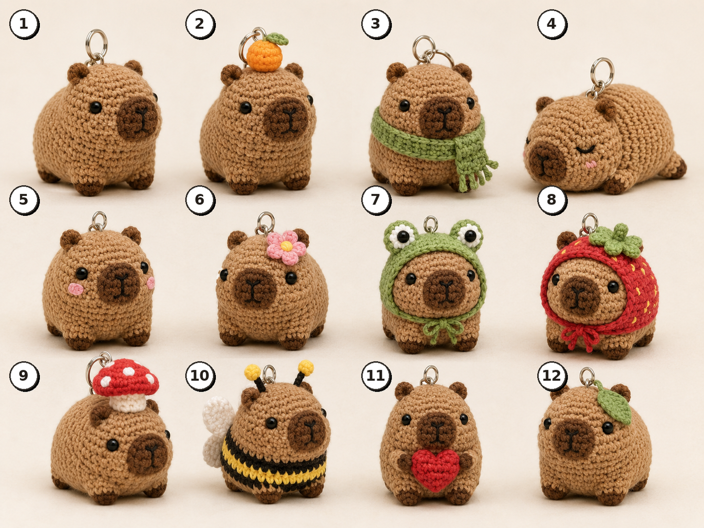 Festive Crochet Capybara Keychain Collection (12 Designs) | Handmade Amigurumi Bag Charm & Keyring
