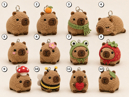 Festive Crochet Capybara Keychain Collection (12 Designs) | Handmade Amigurumi Bag Charm & Keyring