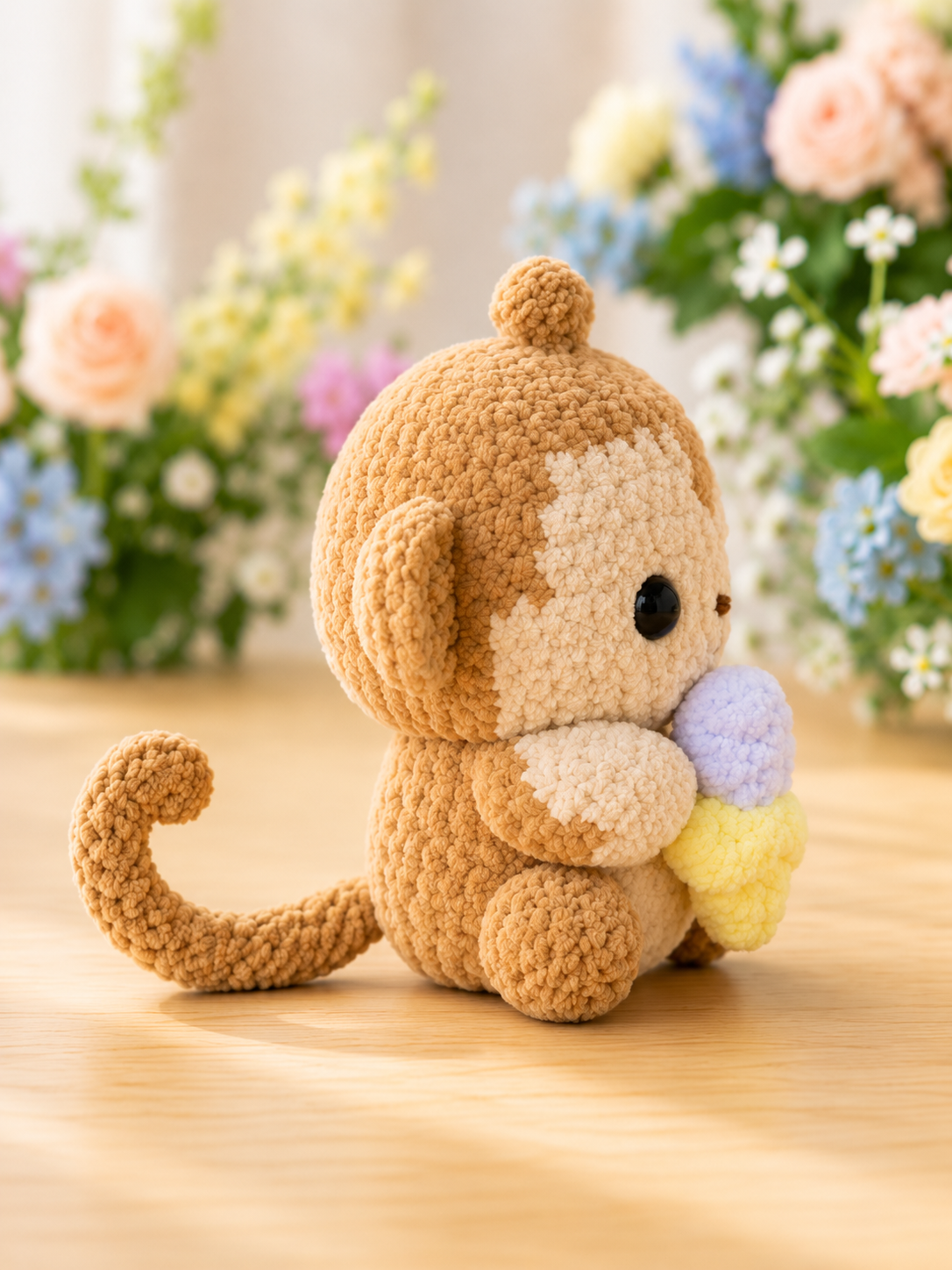 Fluffy Crochet Monkey with Ice Cream Plushie | Velvet Amigurumi Stuffed Animal