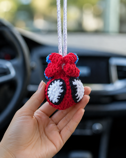 Cute Hero Web-Slinger Crochet Car Charm | Handmade Amigurumi Rearview Mirror Accessory