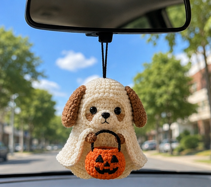 Handmade Crochet Halloween Ghost Dog Car Hanging Accessory | Cute Puppy Trick-or-Treat Mirror Charm