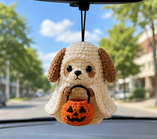 Handmade Crochet Halloween Ghost Dog Car Hanging Accessory | Cute Puppy Trick-or-Treat Mirror Charm
