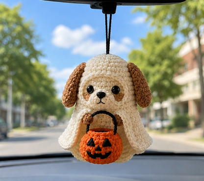 Handmade Crochet Halloween Ghost Dog Car Hanging Accessory | Cute Puppy Trick-or-Treat Mirror Charm