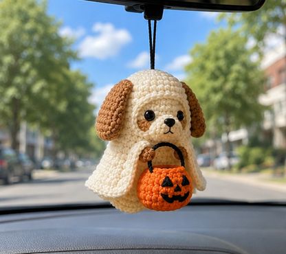 Handmade Crochet Halloween Ghost Dog Car Hanging Accessory | Cute Puppy Trick-or-Treat Mirror Charm