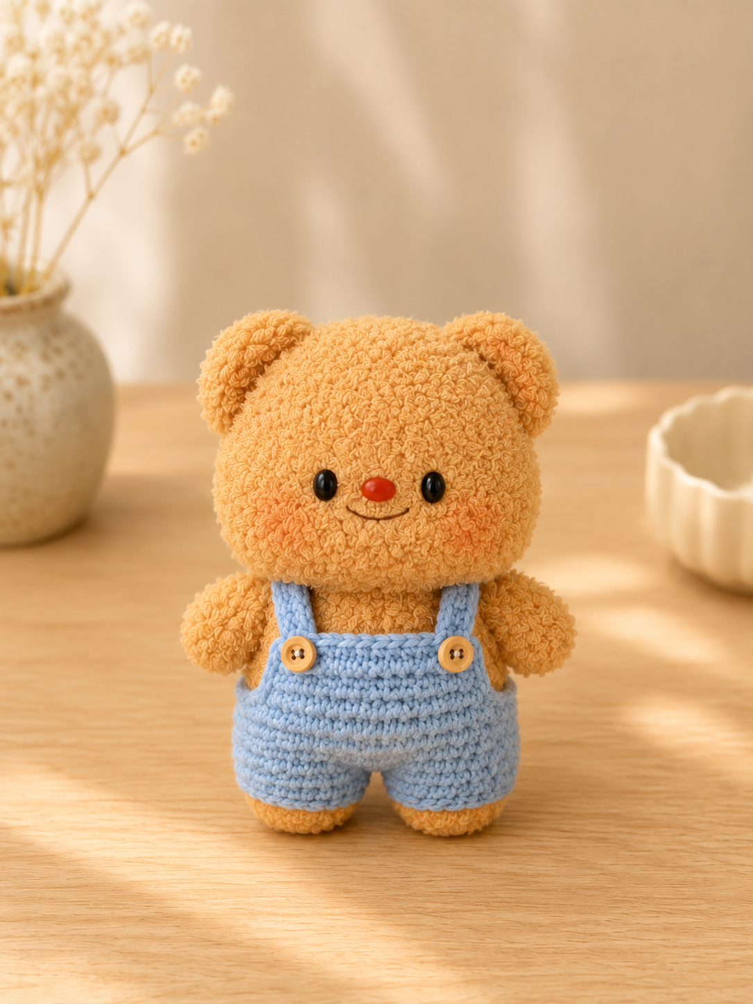 Handmade Crochet Teddy Bear in Overalls Plushie | Soft Velvet Amigurumi Stuffed Animal Toy