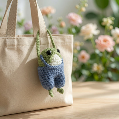 Cute Crochet Frog in Overalls Bag Charm | Handmade Amigurumi Keychain