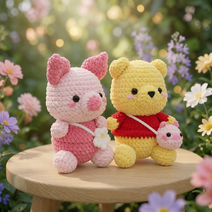 Fluffy Honey Bear and Pink Piglet Crochet Plush Set | Velvet Amigurumi Bestie Toys