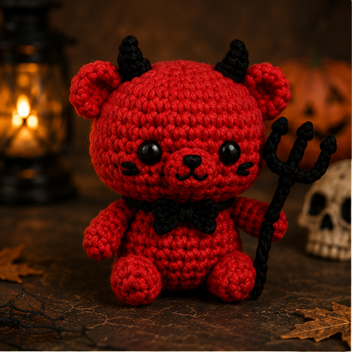 Spooky-Cute Crochet Devil Bear Keychain | Handmade Amigurumi Halloween Bag Charm