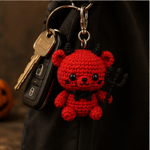 Spooky-Cute Crochet Devil Bear Keychain | Handmade Amigurumi Halloween Bag Charm