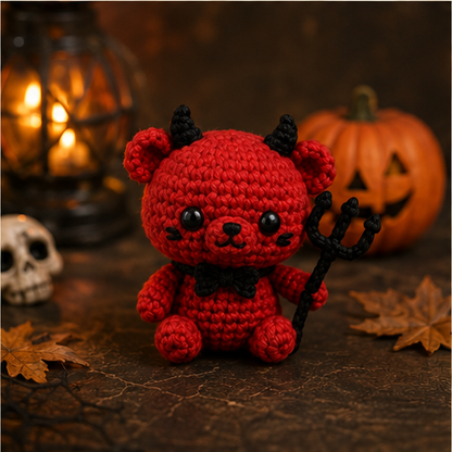 Spooky-Cute Crochet Devil Bear Keychain | Handmade Amigurumi Halloween Bag Charm
