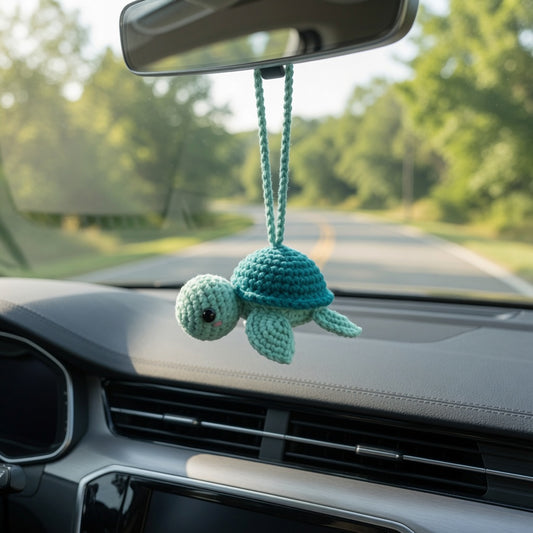Cute Crochet Sea Turtle Car Charm | Handmade Amigurumi Rearview Mirror Accessory