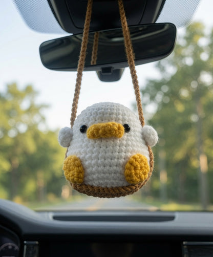Cute Crochet Duck on a Swing Car Charm | Handmade Amigurumi Rearview Mirror Accessory