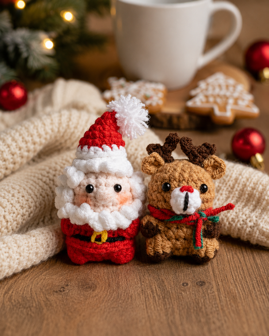 Handmade Crochet Santa and Reindeer Holiday Set | Amigurumi Christmas Plushie Duo