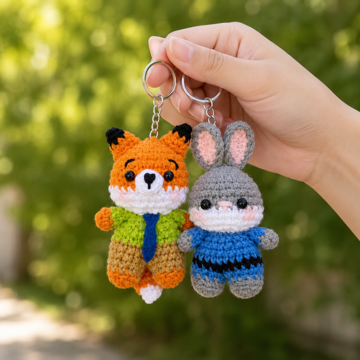 Cute Crochet Fox and Bunny Keychain Set | Handmade Amigurumi Detective Duo Bag Charm