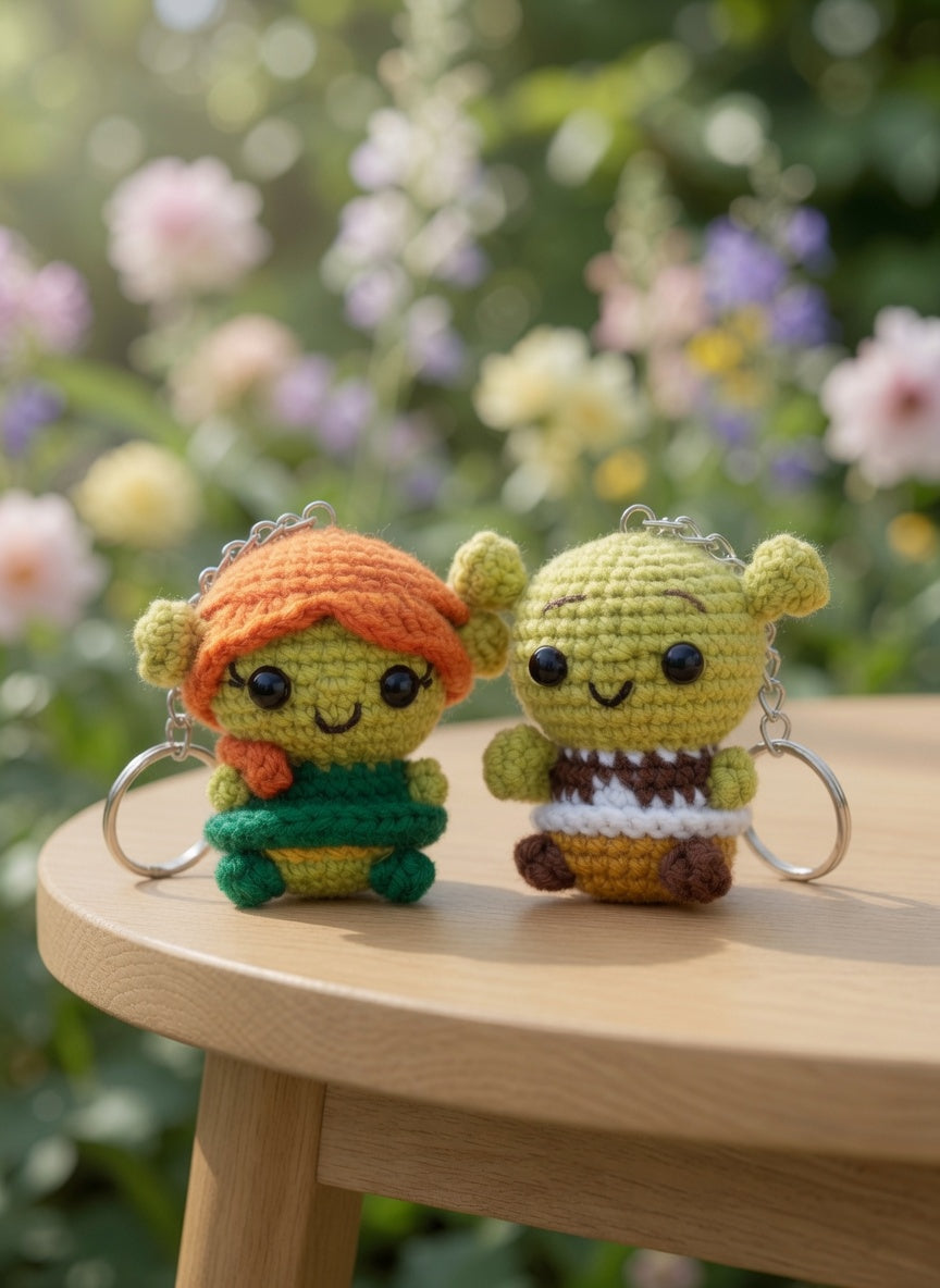 Cute Green Swamp Ogre Couple Keychains | Handmade Fairytale Amigurumi Charms