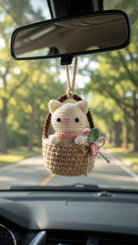 Cute Crochet Cat in Basket Car Charm | Handmade Amigurumi Rearview Mirror Accessory